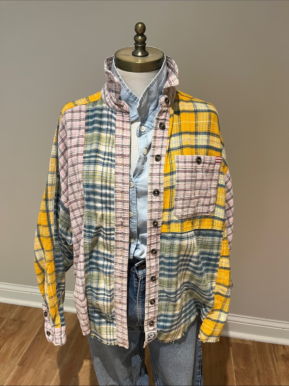 BDG Patchwork Plaid Button-Up cotton flannel Shirt  in Yellow, Pink & Blue XS